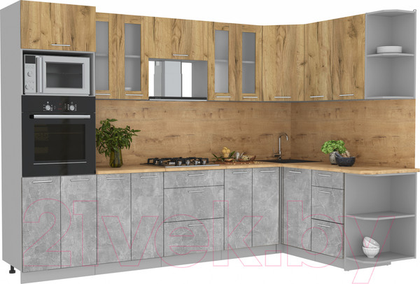 Изображение товара Кухонный гарнитур Интерлиния Мила 1.68x3.0 правая (дуб золотой/бетон/дуб бунратти)