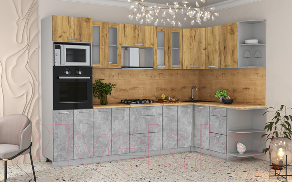 Изображение товара Кухонный гарнитур Интерлиния Мила 1.68x3.0 правая (дуб золотой/бетон/дуб бунратти)