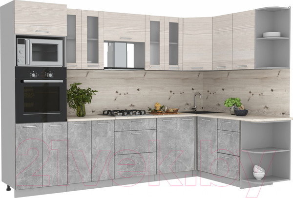 Изображение товара Кухонный гарнитур Интерлиния Мила 1.68x3.0 правая (вудлайн кремовый/бетон/бискайская сосна)