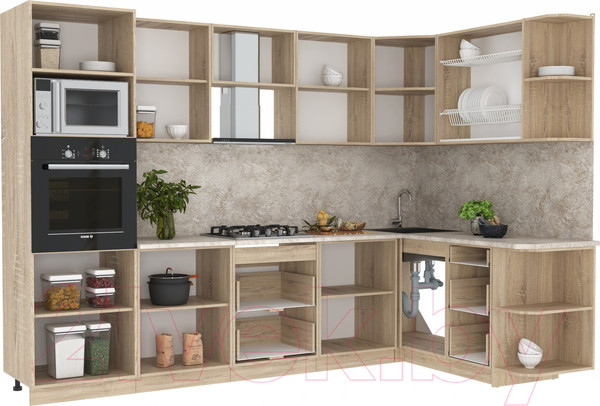 Изображение товара Кухонный гарнитур Интерлиния Мила 1.68x3.0 правая (дуб золотой/дуб золотой/опал светлый)