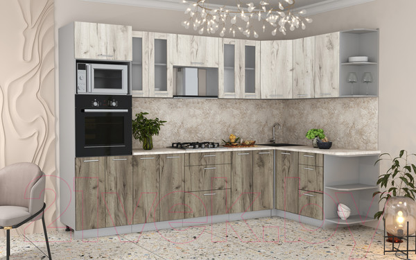 Изображение товара Кухонный гарнитур Интерлиния Мила 1.68x3.0 правая (дуб белый/дуб серый/опал светлый)