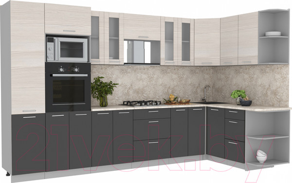 Изображение товара Кухонный гарнитур Интерлиния Мила 1.68x3.4 правая (вудлайн кремовый/антрацит/опал светлый)