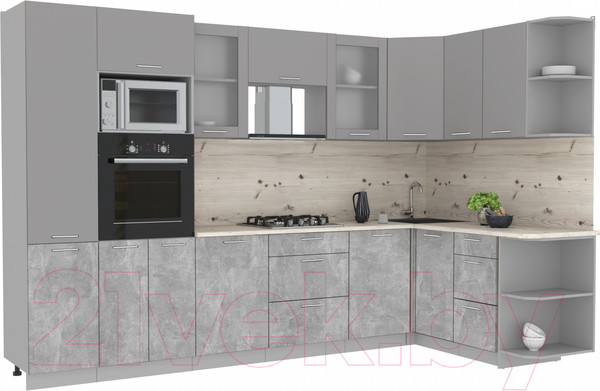 Изображение товара Кухонный гарнитур Интерлиния Мила 1.68x3.2 правая (серебристый/бетон/бискайская сосна)