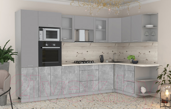 Изображение товара Кухонный гарнитур Интерлиния Мила 1.68x3.2 правая (серебристый/бетон/бискайская сосна)