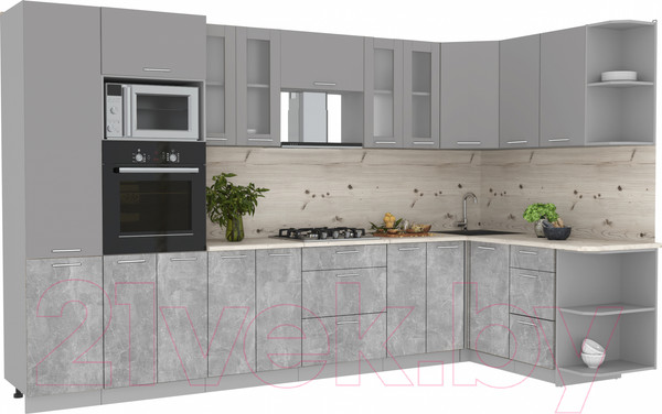 Изображение товара Кухонный гарнитур Интерлиния Мила 1.68x3.4 правая (серебристый/бетон/бискайская сосна)