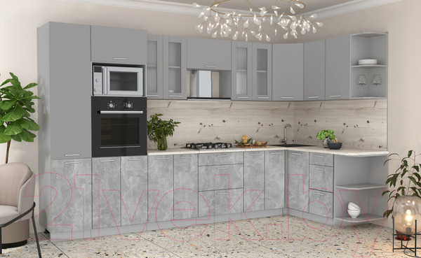 Изображение товара Кухонный гарнитур Интерлиния Мила 1.68x3.4 правая (серебристый/бетон/бискайская сосна)