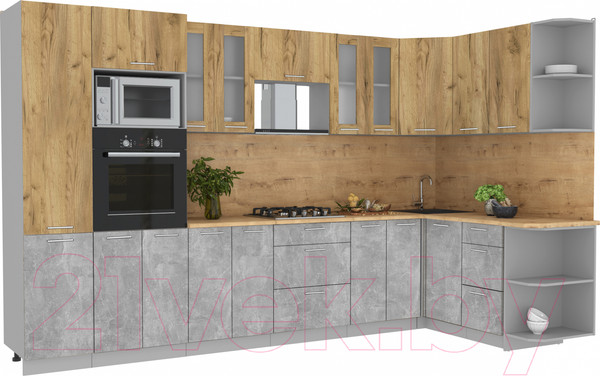 Изображение товара Кухонный гарнитур Интерлиния Мила 1.68x3.4 правая (дуб золотой/бетон/дуб бунратти)