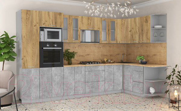 Изображение товара Кухонный гарнитур Интерлиния Мила 1.68x3.4 правая (дуб золотой/бетон/дуб бунратти)