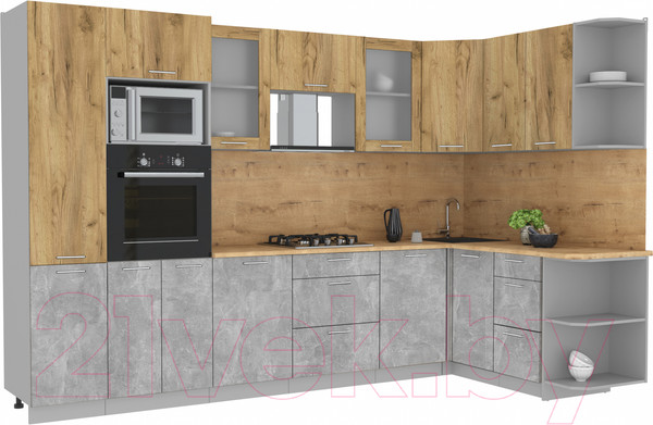 Изображение товара Кухонный гарнитур Интерлиния Мила 1.68x3.2 правая (дуб золотой/бетон/дуб бунратти)