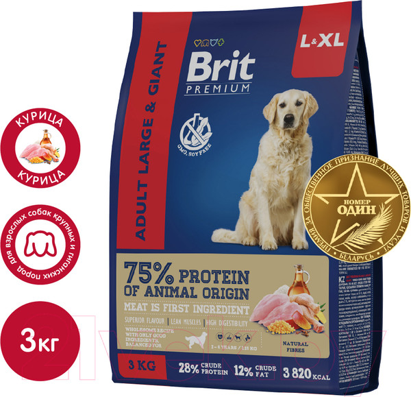 Изображение товара Сухой корм для собак Brit Premium Dog Adult Large and Giant с курицей / 5049998 (3кг)