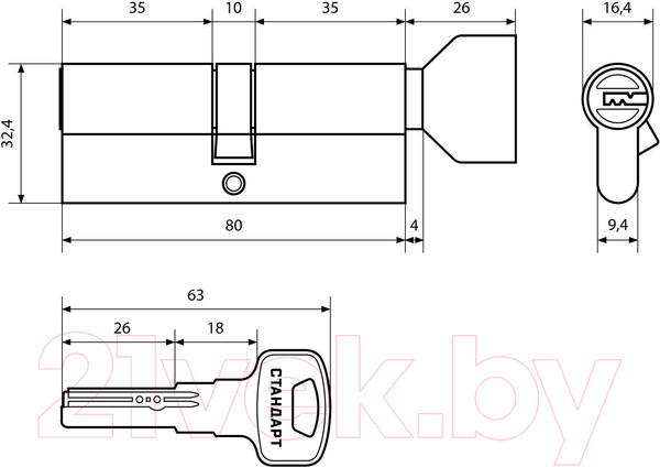 Изображение товара Цилиндровый механизм замка Стандарт Z.F.80В-5K SN (35x10x35B)