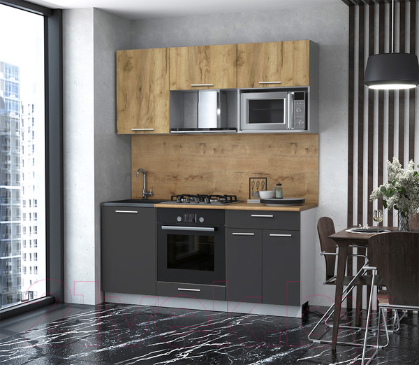 Изображение товара Кухонный гарнитур Интерлиния Мила 1.7 ВТ (дуб золотой/антрацит/дуб бунратти)