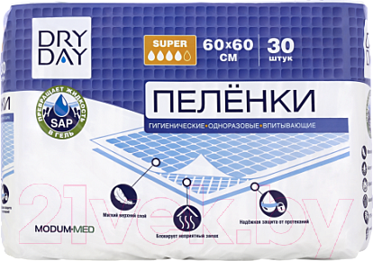 Изображение товара Набор пеленок одноразовых впитывающих Modum Dry Day Super 60x60 (30шт)