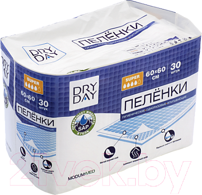 Изображение товара Набор пеленок одноразовых впитывающих Modum Dry Day Super 60x60 (30шт)