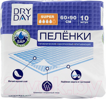 Изображение товара Набор пеленок одноразовых впитывающих Modum Dry Day Super 60x90 (10шт)