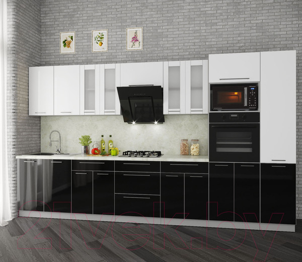 Изображение товара Кухонный гарнитур Интерлиния Мила Пластик 3.6 (черный/белый глянец/опал светлый)