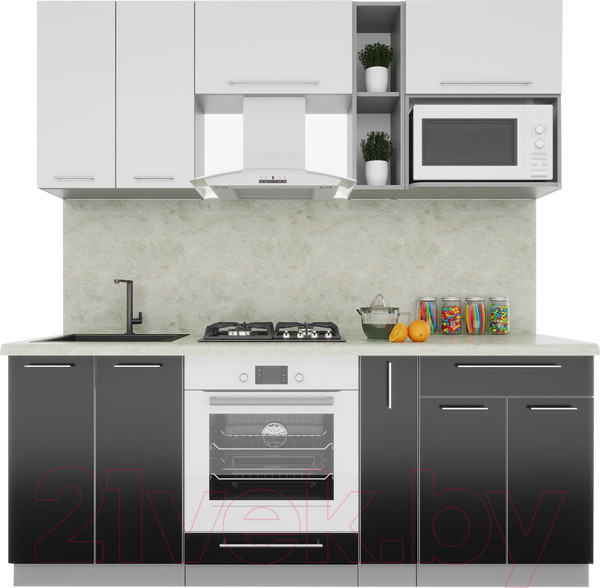 Изображение товара Кухонный гарнитур Интерлиния Мила Пластик 2.0 (черный/белый глянец/опал светлый)