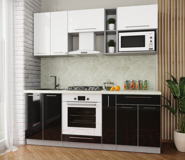 Изображение товара Кухонный гарнитур Интерлиния Мила Пластик 2.0 (черный/белый глянец/опал светлый)