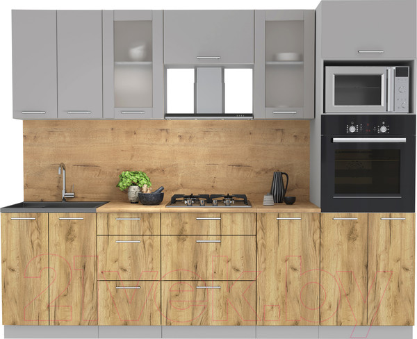 Изображение товара Кухонный гарнитур Интерлиния Мила 2.6 ВТ (серебристый/дуб золотой/дуб бунратти)
