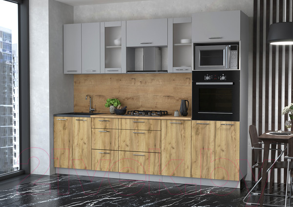 Изображение товара Кухонный гарнитур Интерлиния Мила 2.6 ВТ (серебристый/дуб золотой/дуб бунратти)