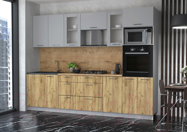 Изображение товара Кухонный гарнитур Интерлиния Мила 2.8 ВТ (серебристый/дуб золотой/дуб бунратти)