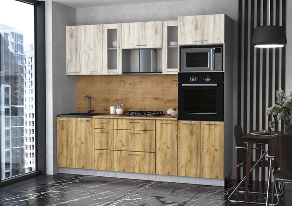 Изображение товара Кухонный гарнитур Интерлиния Мила 2.4 ВТ (дуб белый/дуб золотой/дуб бунратти)