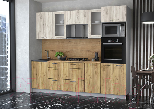 Изображение товара Кухонный гарнитур Интерлиния Мила 2.5 ВТ (дуб белый/дуб золотой/дуб бунратти)