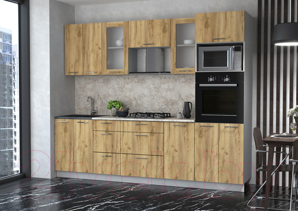 Изображение товара Кухонный гарнитур Интерлиния Мила 2.6 ВТ (дуб золотой/дуб золотой/опал светлый)