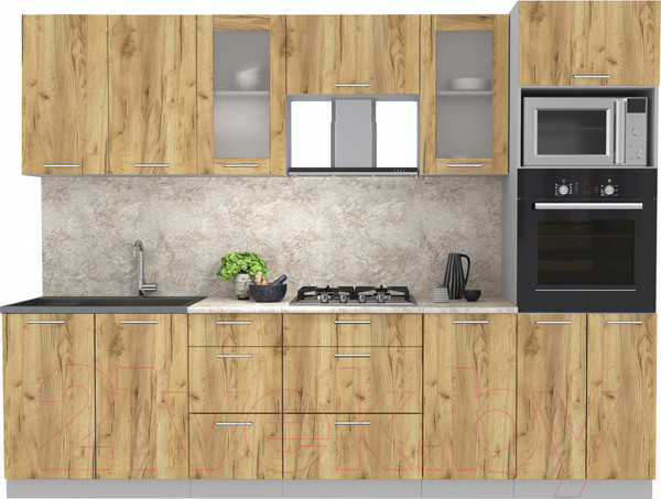 Изображение товара Кухонный гарнитур Интерлиния Мила 2.8 ВТ (дуб золото/дуб золото/опал светлый)
