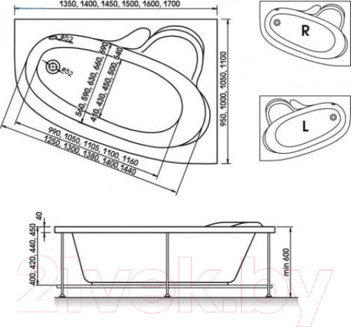 Изображение товара Ванна акриловая Bonito Home Maya 170x110 R (с ножками и экраном)