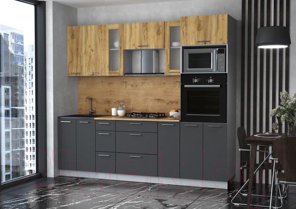 Изображение товара Кухонный гарнитур Интерлиния Мила 2.4 ВТ (дуб золотой/антрацит/дуб бунратти)