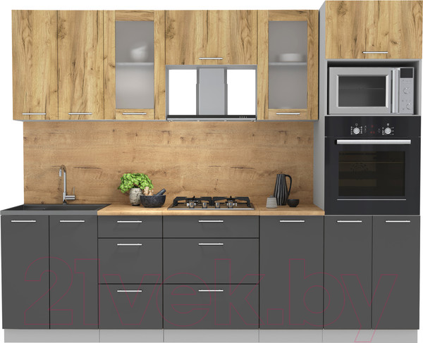 Изображение товара Кухонный гарнитур Интерлиния Мила 2.6 ВТ (дуб золотой/антрацит/дуб бунратти)