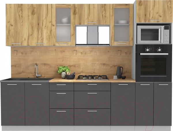 Изображение товара Кухонный гарнитур Интерлиния Мила 2.8 ВТ (дуб золотой/антрацит/дуб бунратти)