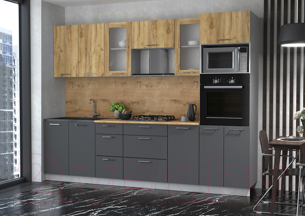 Изображение товара Кухонный гарнитур Интерлиния Мила 2.8 ВТ (дуб золотой/антрацит/дуб бунратти)