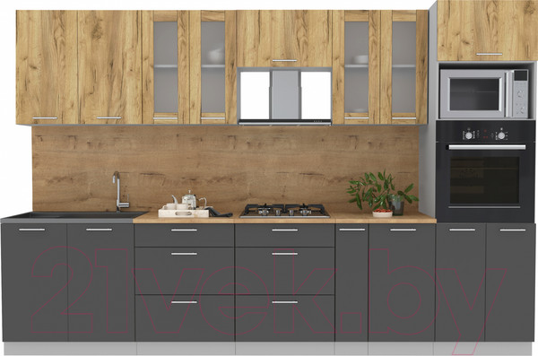 Изображение товара Кухонный гарнитур Интерлиния Мила 3.2 ВТ (дуб золотой/антрацит/дуб бунратти)