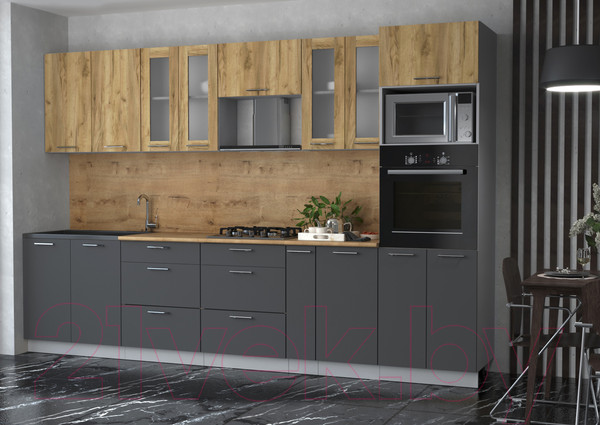 Изображение товара Кухонный гарнитур Интерлиния Мила 3.2 ВТ (дуб золотой/антрацит/дуб бунратти)