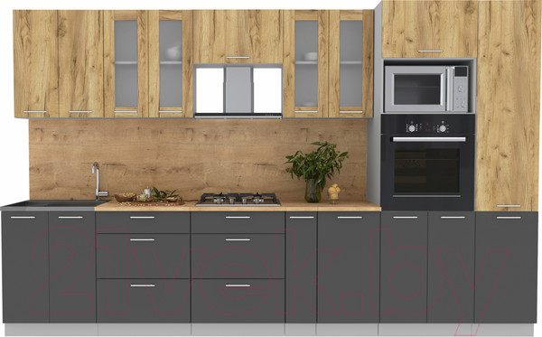 Изображение товара Кухонный гарнитур Интерлиния Мила 3.4 ВТ (дуб золотой/антрацит/дуб бунратти)