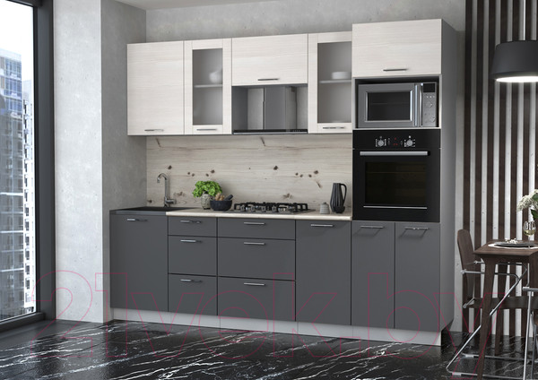 Изображение товара Кухонный гарнитур Интерлиния Мила 2.5 ВТ (вудлайн кремовый/антрацит/бискайская сосна)