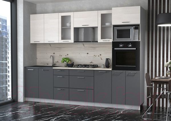 Изображение товара Кухонный гарнитур Интерлиния Мила 2.8 ВТ (вудлайн кремовый/антрацит/бискайская сосна)