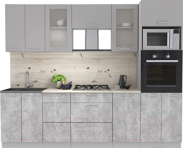 Изображение товара Кухонный гарнитур Интерлиния Мила 2.6 ВТ (серебристый/бетон/бискайская сосна)