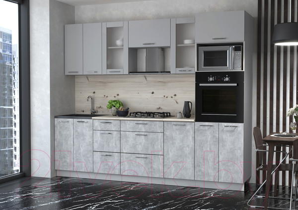 Изображение товара Кухонный гарнитур Интерлиния Мила 2.6 ВТ (серебристый/бетон/бискайская сосна)