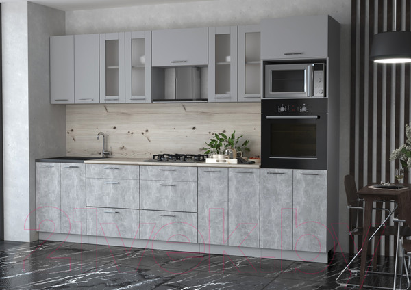 Изображение товара Кухонный гарнитур Интерлиния Мила 3.0 ВТ (серебристый/бетон/бискайская сосна)