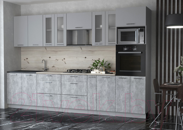 Изображение товара Кухонный гарнитур Интерлиния Мила 3.2 ВТ (серебристый/бетон/бискайская сосна)