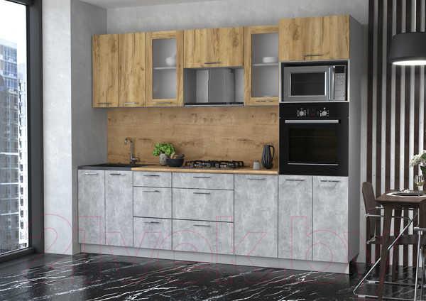 Изображение товара Кухонный гарнитур Интерлиния Мила 2.6 ВТ (дуб золотой/бетон/дуб бунратти)