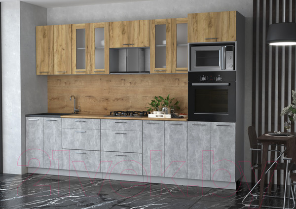 Изображение товара Кухонный гарнитур Интерлиния Мила 3.0 ВТ (дуб золотой/бетон/дуб бунратти)