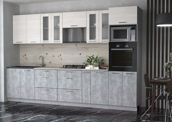 Изображение товара Кухонный гарнитур Интерлиния Мила 3.2 ВТ (вудлайн кремовый/бетон/бискайская сосна)