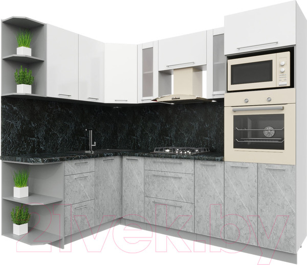 Изображение товара Кухонный гарнитур Интерлиния Мила Пластик 1.68x2.4 левая (мрамор/белый глянец/кастилло темный)