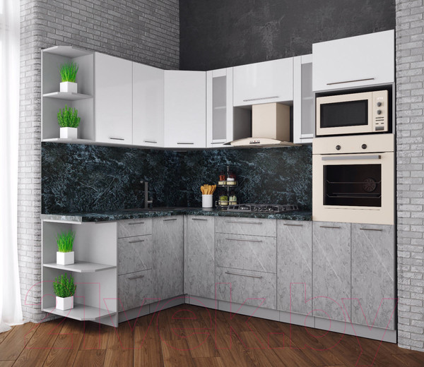 Изображение товара Кухонный гарнитур Интерлиния Мила Пластик 1.68x2.4 левая (мрамор/белый глянец/кастилло темный)