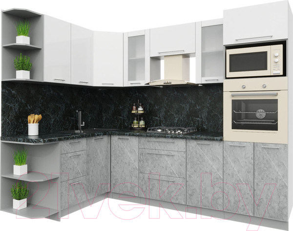 Изображение товара Кухонный гарнитур Интерлиния Мила Пластик 1.68x2.6 левая (мрамор/белый глянец/кастилло темный)