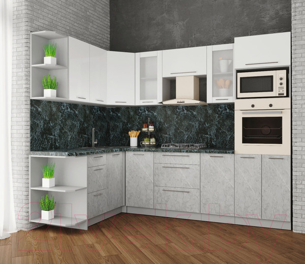 Изображение товара Кухонный гарнитур Интерлиния Мила Пластик 1.68x2.6 левая (мрамор/белый глянец/кастилло темный)